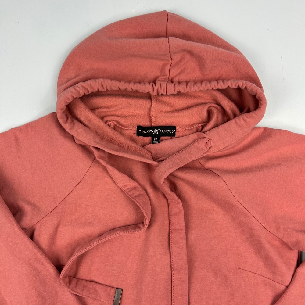 Almost Famous Womens Coral Pink Long Sleeve Hooded Mini Sweatshirt Dress Size M